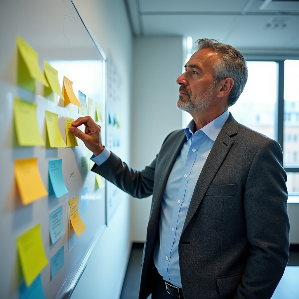 Profesionál analyzuje kariérne možnosti na tabuli s post-it lístkami