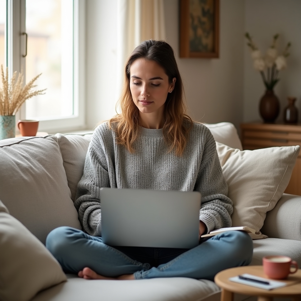 Žena sleduje online kurz na notebooku v útulnom domácom prostredí