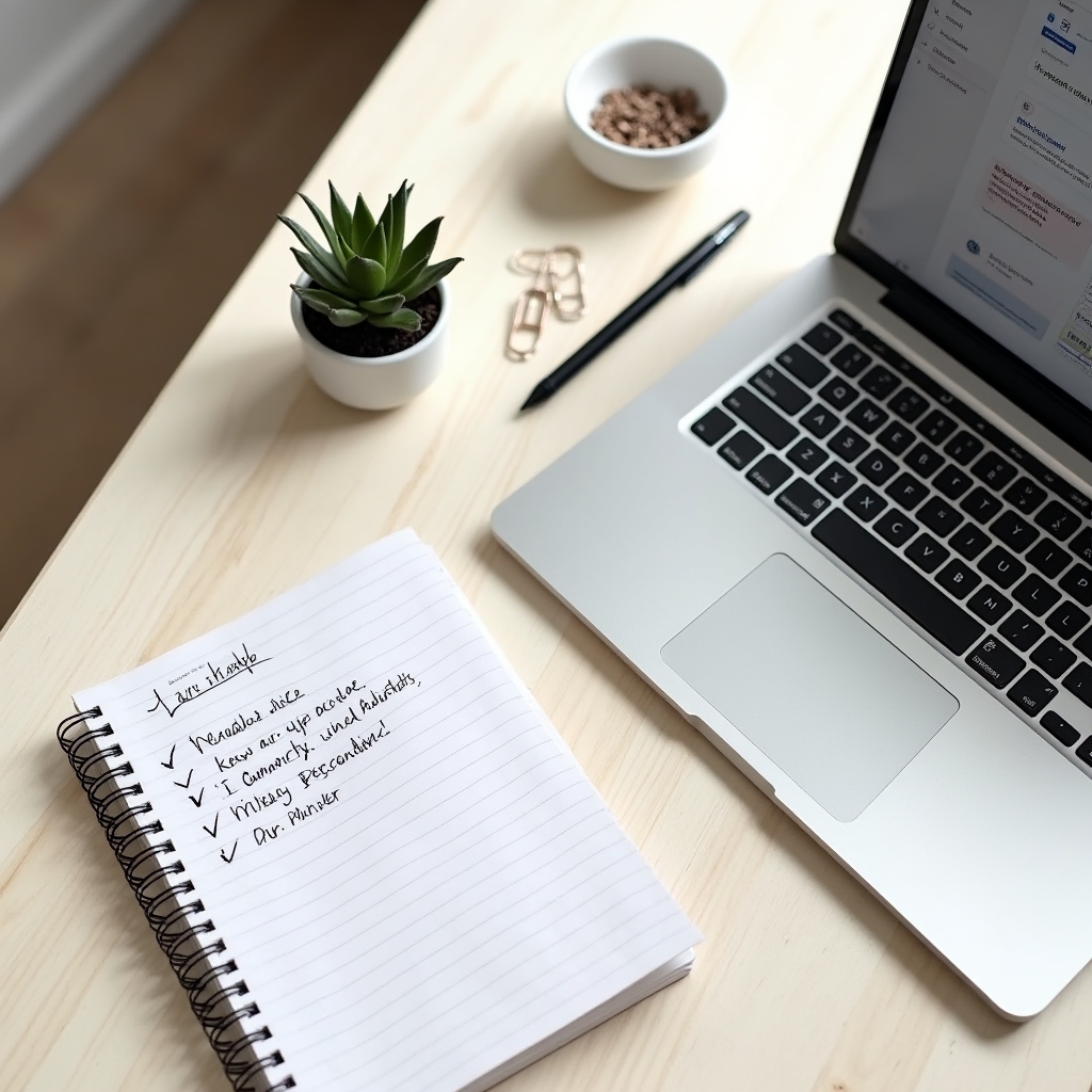 Pracovný priestor pre online vzdelávanie s notebookom a zápisníkom